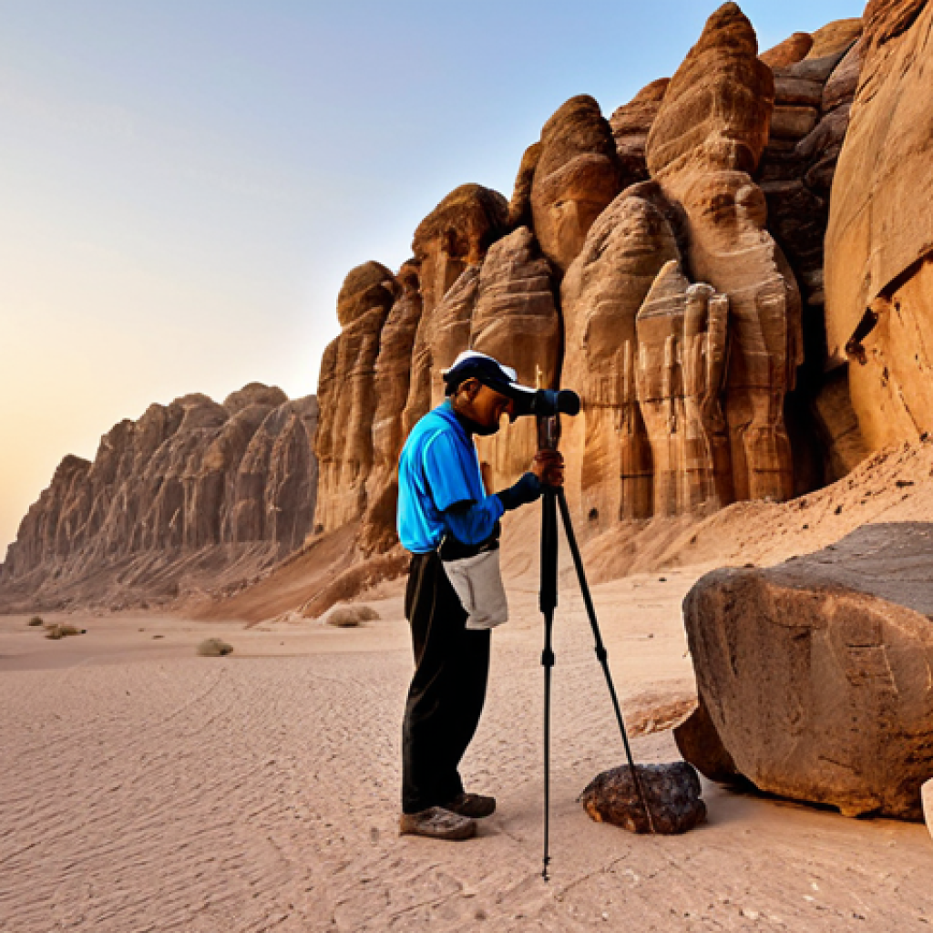 **

"A geologist in a fully clothed, modest field outfit examining rock formations in the Arabian desert at sunset, safe for work, appropriate content, perfect anatomy, natural proportions, professional geology photography, high quality."

**