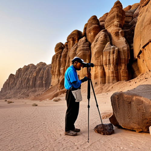 **

"A geologist in a fully clothed, modest field outfit examining rock formations in the Arabian desert at sunset, safe for work, appropriate content, perfect anatomy, natural proportions, professional geology photography, high quality."

**