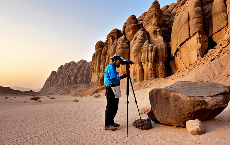 **

"A geologist in a fully clothed, modest field outfit examining rock formations in the Arabian desert at sunset, safe for work, appropriate content, perfect anatomy, natural proportions, professional geology photography, high quality."

**